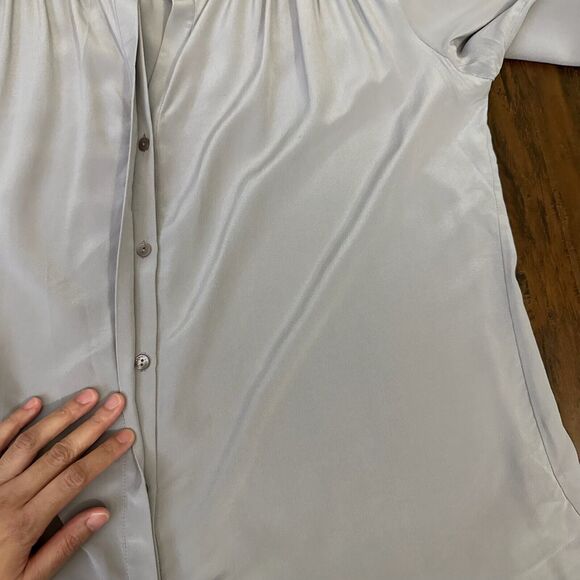 NWOT ECRU L/S Beaded Washable Silk Button-Up Shirt Pleated in Smokey Purple - Picture 7 of 12